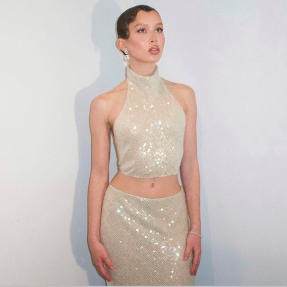 📍FIRM📍NWT 2PC Knit set Skirt&Top Gold ✨ metallic champagne 🌟 - Picture 3 of 16